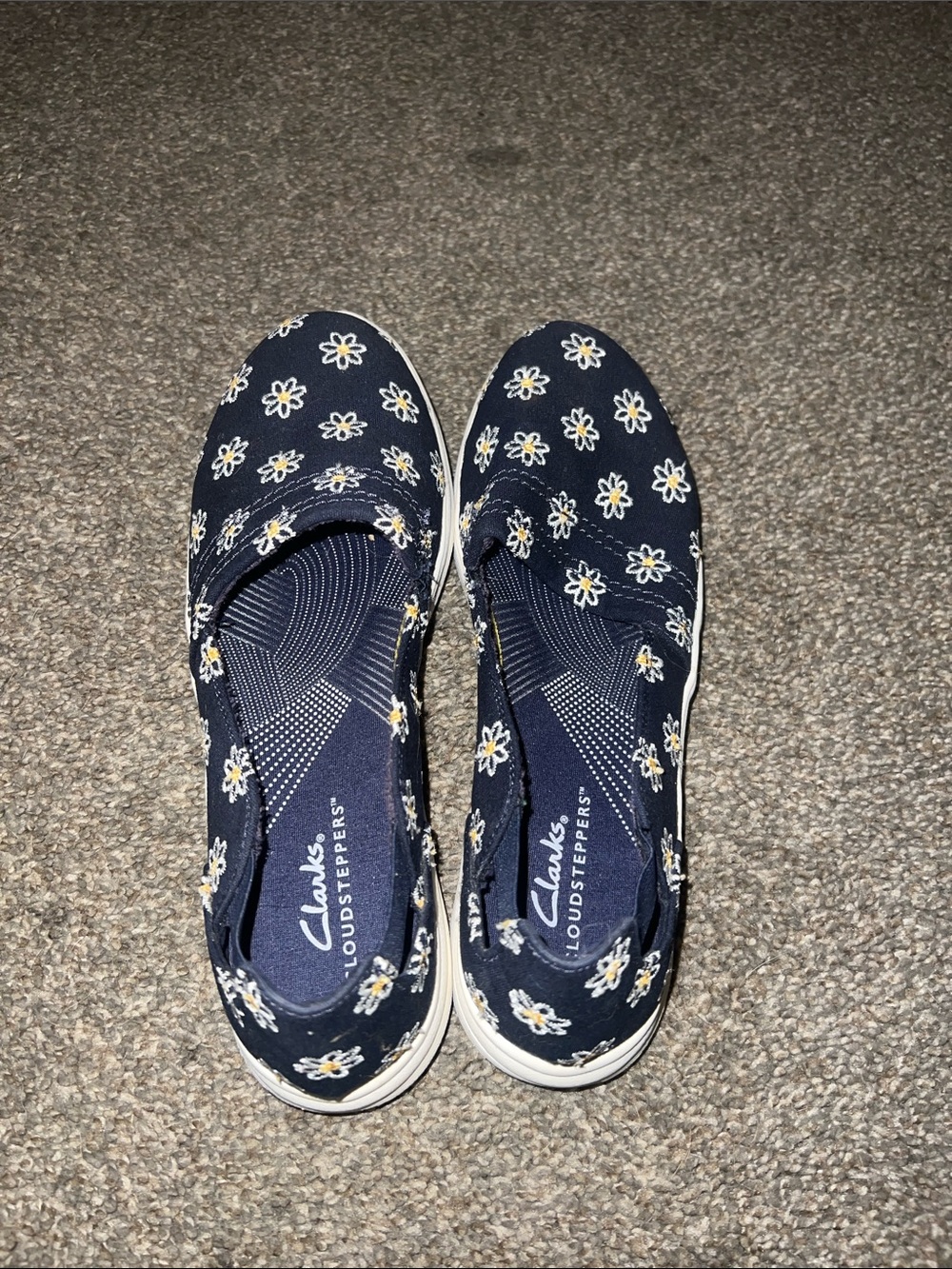 Clarks Navy Daisy Slip-On Flats with White & Yellow Accents